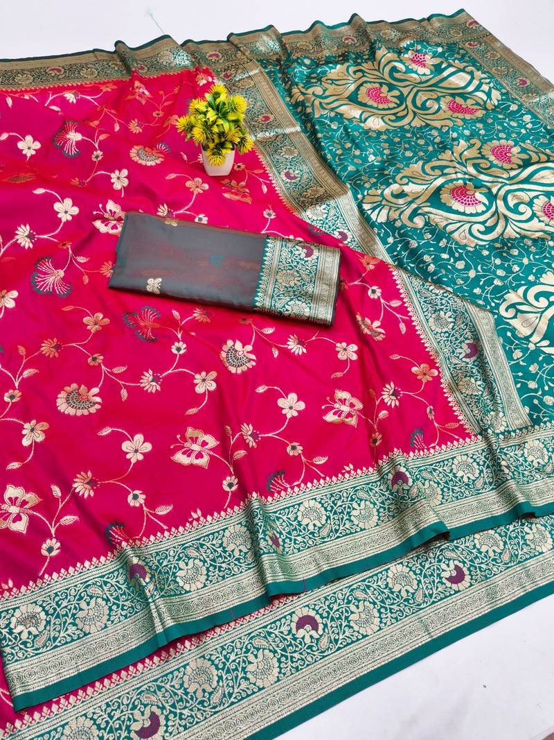 Rani pink zari woven banarasi silk blend saree with blouse piece