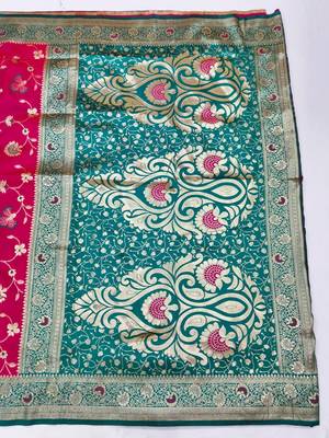Rani pink zari woven silk blend saree with blouse piece 2