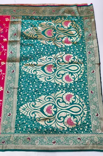 Rani pink zari woven silk blend saree with blouse piece