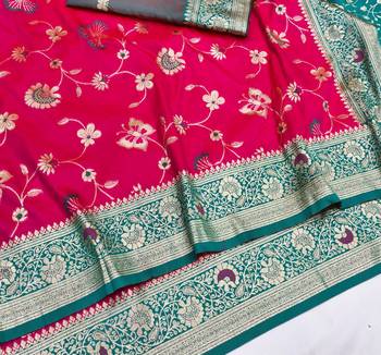 Rani pink zari woven silk blend saree with blouse piece 3