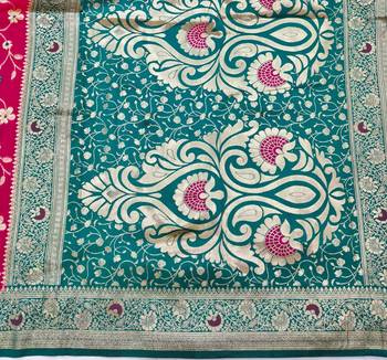 Rani pink zari woven silk blend saree with blouse piece 5