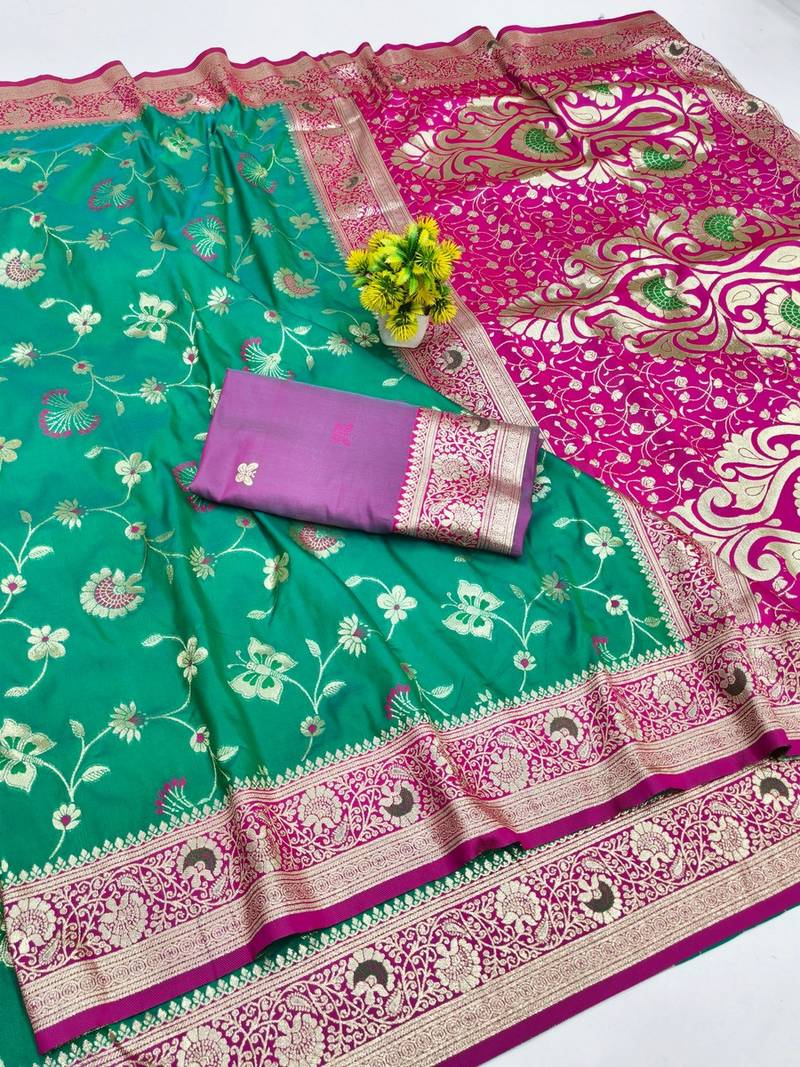 Green zari woven banarasi silk blend saree with blouse piece