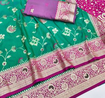 Green zari woven silk blend saree with blouse piece 3