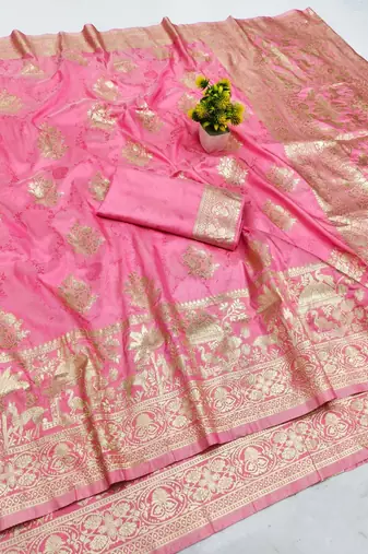 Pink zari woven banarasi silk blend saree with blouse piece