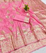 Pink zari woven banarasi silk blend saree with blouse piece