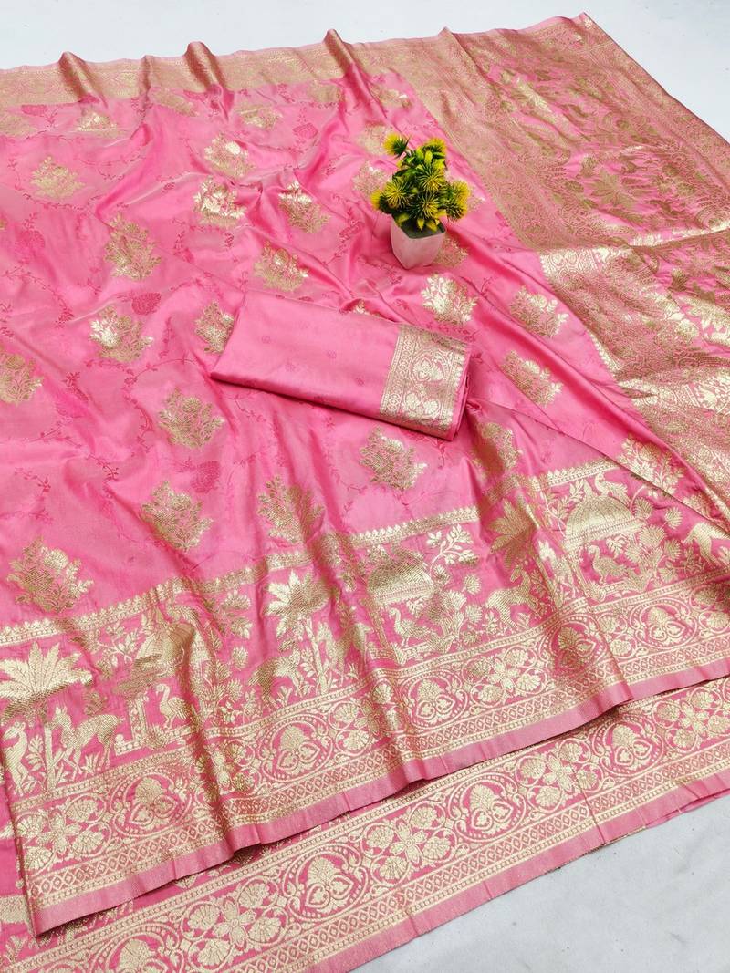 Pink zari woven banarasi silk blend saree with blouse piece