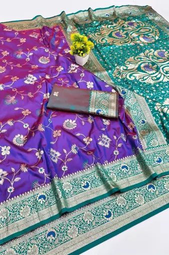 Purple zari woven banarasi silk blend saree with blouse piece