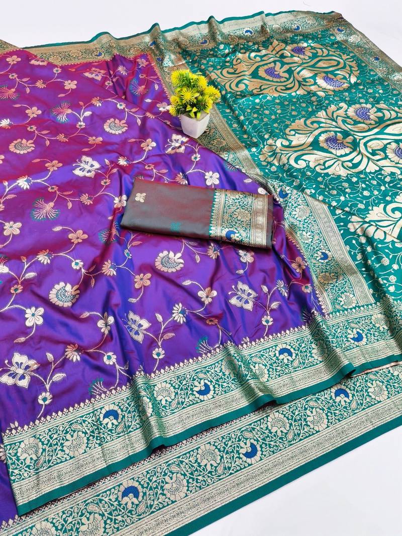 Purple zari woven banarasi silk blend saree with blouse piece