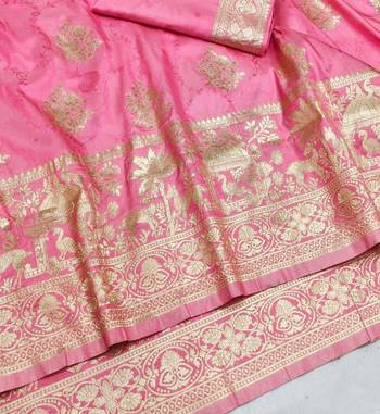 Pink zari woven silk blend saree with blouse piece 3