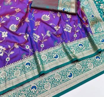Purple zari woven silk blend saree with blouse piece 3