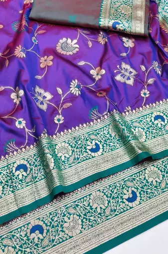Purple zari woven silk blend saree with blouse piece