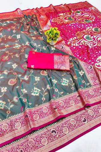 Lavender zari woven banarasi silk blend saree with blouse piece