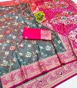 Lavender zari woven banarasi silk blend saree with blouse piece