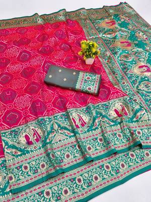 Pink zari woven silk blend saree with blouse piece 1