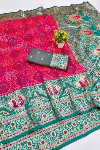 Pink zari woven silk blend saree with blouse piece