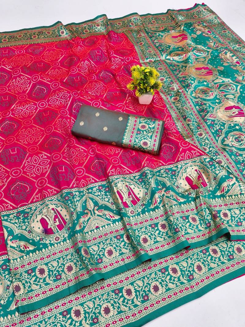 Pink zari woven banarasi silk blend saree with blouse piece