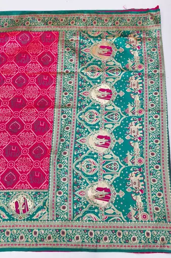 Pink zari woven silk blend saree with blouse piece
