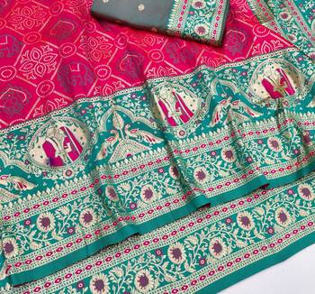 Pink zari woven silk blend saree with blouse piece 3