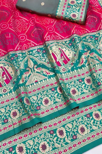 Pink zari woven silk blend saree with blouse piece