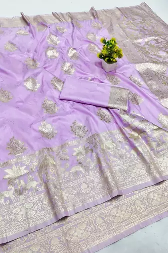 Blue zari woven banarasi silk blend saree with blouse piece
