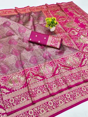 Mauve zari woven silk blend saree with blouse piece 1