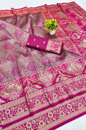 Mauve zari woven silk blend saree with blouse piece