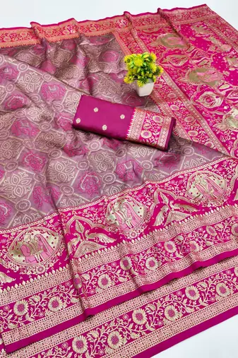 Mauve zari woven banarasi silk blend saree with blouse piece