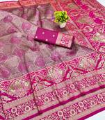 Mauve zari woven banarasi silk blend saree with blouse piece