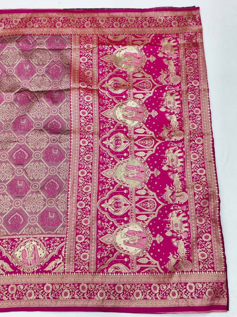 Mauve zari woven banarasi silk blend saree with blouse piece