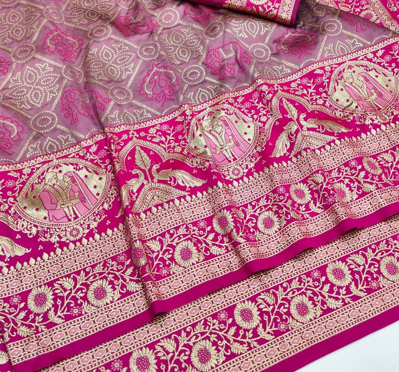 Mauve zari woven banarasi silk blend saree with blouse piece