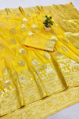 Gold zari woven banarasi silk blend saree with blouse piece