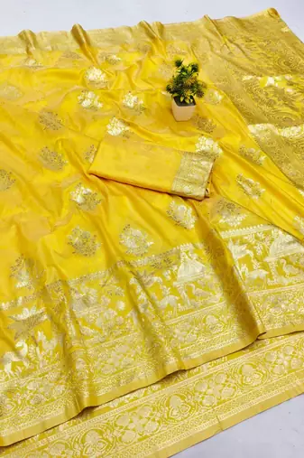 Gold zari woven banarasi silk blend saree with blouse piece