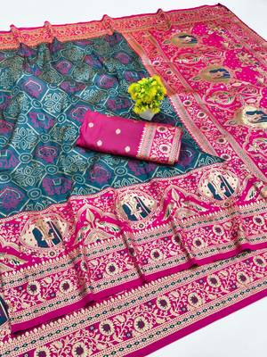 Firozi zari woven silk blend saree with blouse piece 1