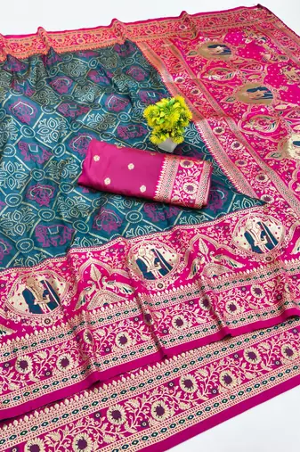 Firozi zari woven silk blend saree with blouse piece
