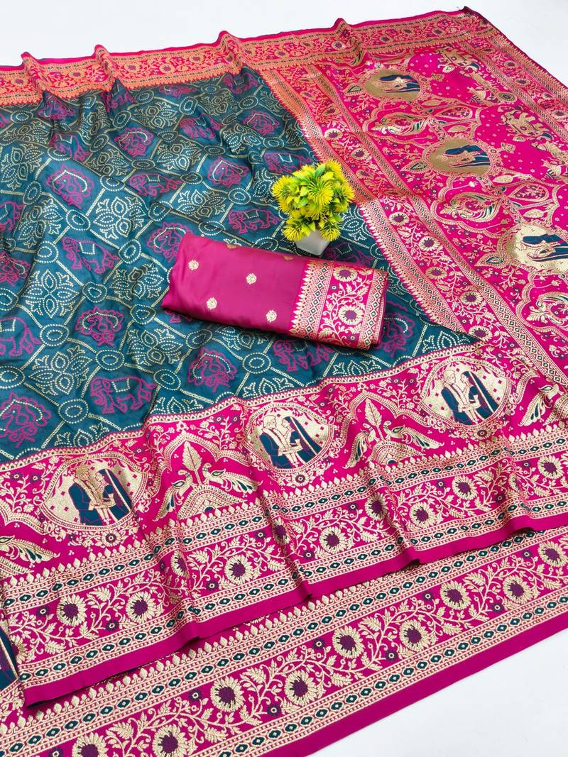 Firozi zari woven banarasi silk blend saree with blouse piece