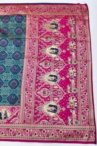 Firozi zari woven silk blend saree with blouse piece