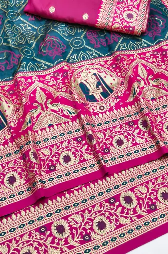 Firozi zari woven silk blend saree with blouse piece