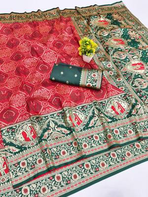 Red zari woven silk blend saree with blouse piece 1