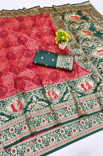 Red zari woven banarasi silk blend saree with blouse piece
