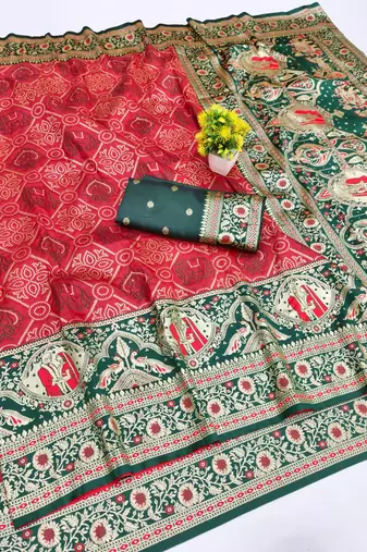 Red zari woven banarasi silk blend saree with blouse piece