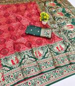 Red zari woven banarasi silk blend saree with blouse piece
