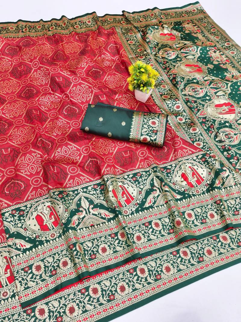 Red zari woven banarasi silk blend saree with blouse piece