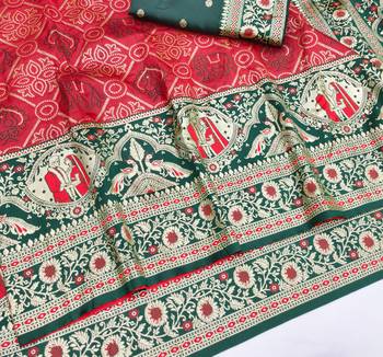 Red zari woven silk blend saree with blouse piece 3