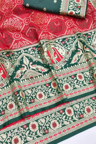 Red zari woven banarasi silk blend saree with blouse piece