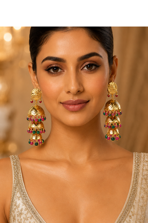 Wedding wear three tier ruby emerald beaded jhumkas 3