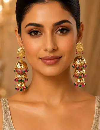 Wedding wear three tier ruby emerald beaded jhumkas