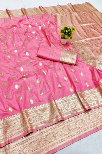 Pink zari woven banarasi silk blend saree with blouse piece