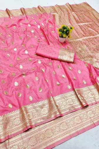 Pink zari woven banarasi silk blend saree with blouse piece
