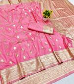 Pink zari woven banarasi silk blend saree with blouse piece