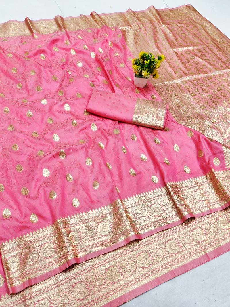 Pink zari woven banarasi silk blend saree with blouse piece